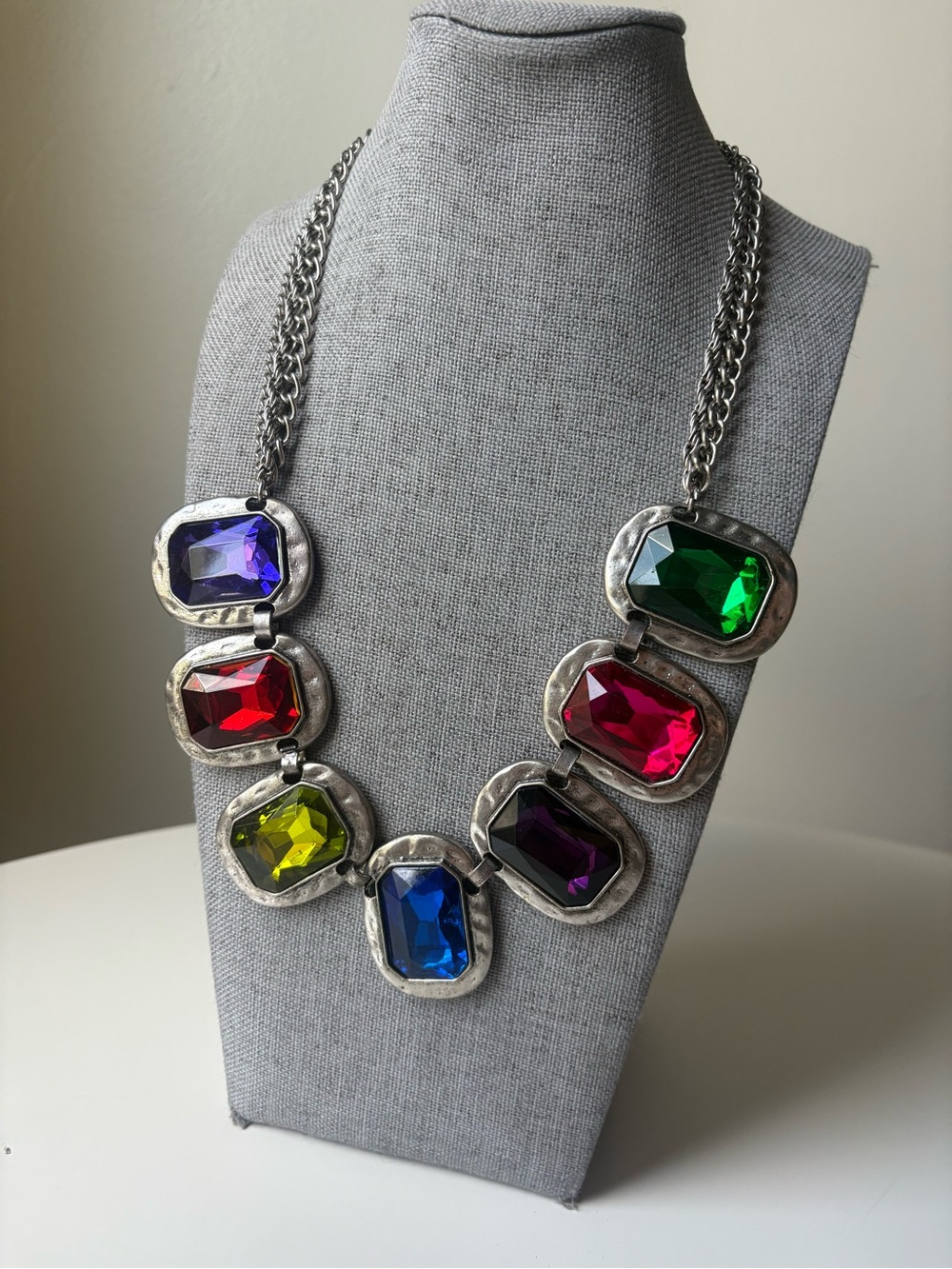 Vintage MCM Brutalist Statement Necklace Large Colorful Cabochons Silver Tone